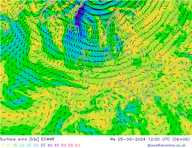 Vento 10 m ECMWF mer 05.06.2024 12 UTC