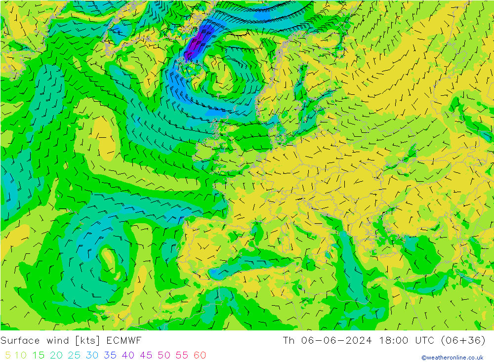 Surface wind ECMWF Th 06.06.2024 18 UTC