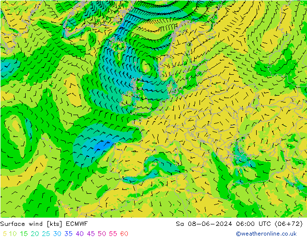 Wind 10 m ECMWF za 08.06.2024 06 UTC