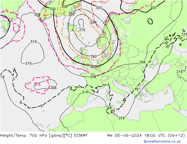 Height/Temp. 700 hPa ECMWF Qua 05.06.2024 18 UTC