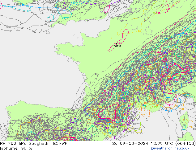 RH 700 hPa Spaghetti ECMWF  09.06.2024 18 UTC