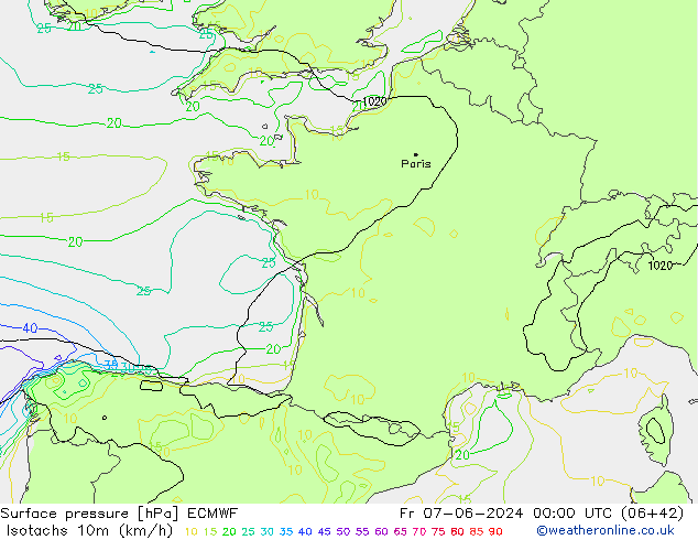 Isotachs (kph) ECMWF Fr 07.06.2024 00 UTC