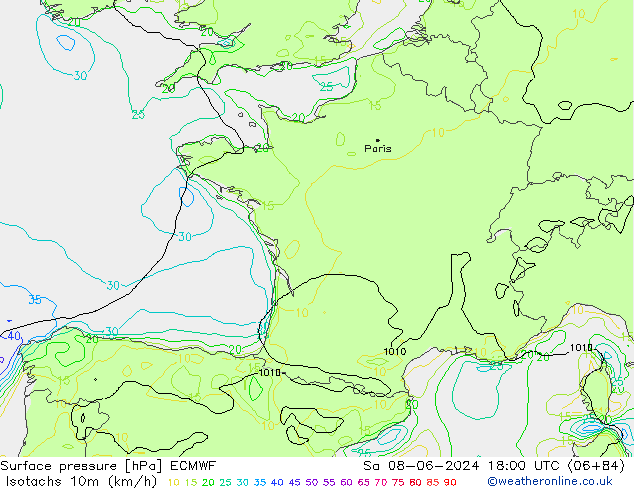 Isotachen (km/h) ECMWF za 08.06.2024 18 UTC