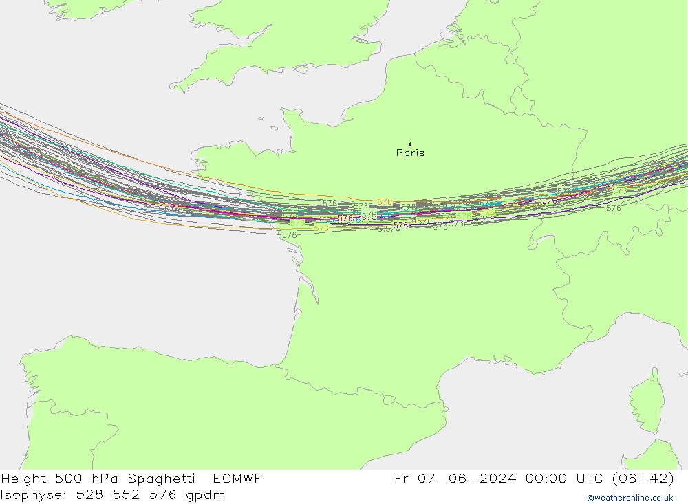 Height 500 hPa Spaghetti ECMWF Fr 07.06.2024 00 UTC