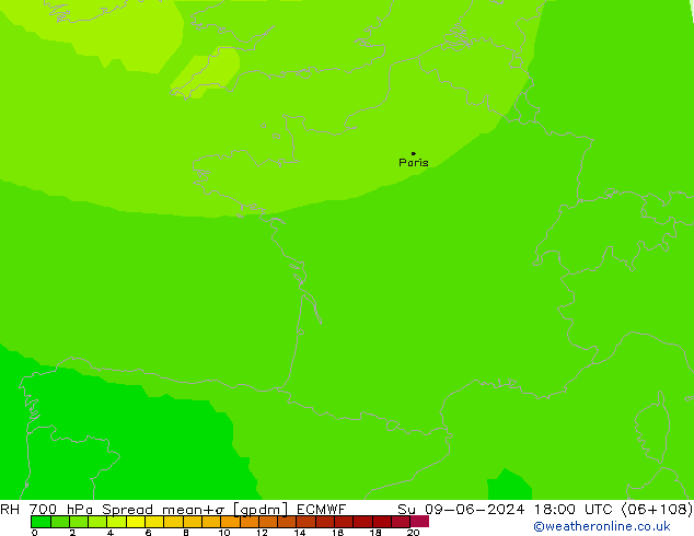 Humidité rel. 700 hPa Spread ECMWF dim 09.06.2024 18 UTC