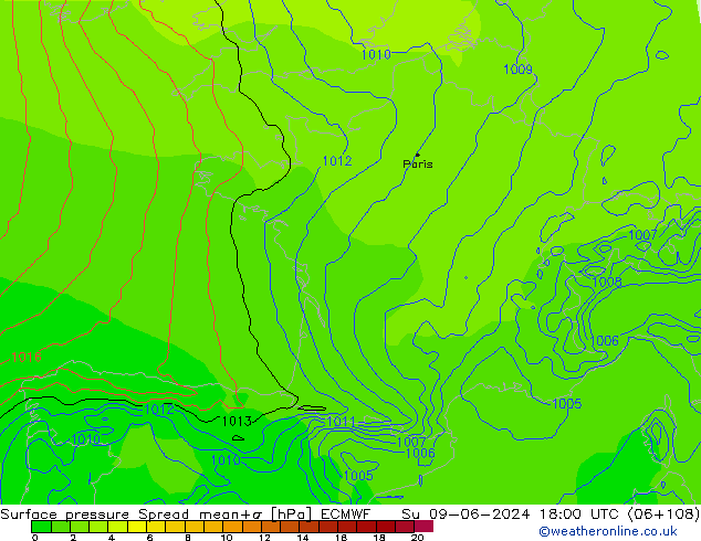 pressão do solo Spread ECMWF Dom 09.06.2024 18 UTC