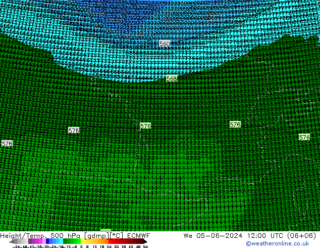 Height/Temp. 500 hPa ECMWF Mi 05.06.2024 12 UTC