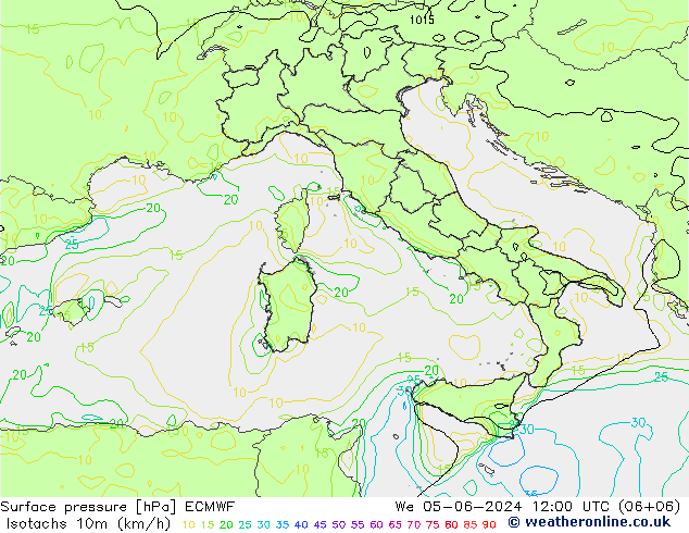 Izotacha (km/godz) ECMWF śro. 05.06.2024 12 UTC