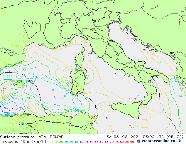 Izotacha (km/godz) ECMWF so. 08.06.2024 06 UTC