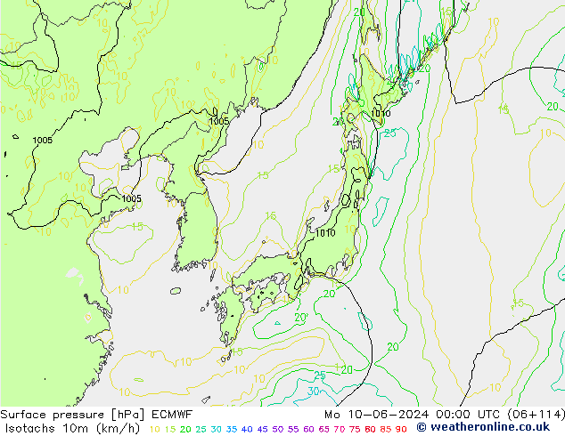 Isotachs (kph) ECMWF Mo 10.06.2024 00 UTC