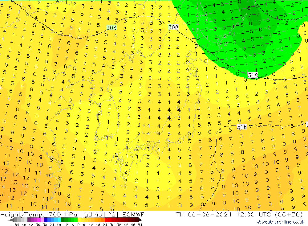 Yükseklik/Sıc. 700 hPa ECMWF Per 06.06.2024 12 UTC