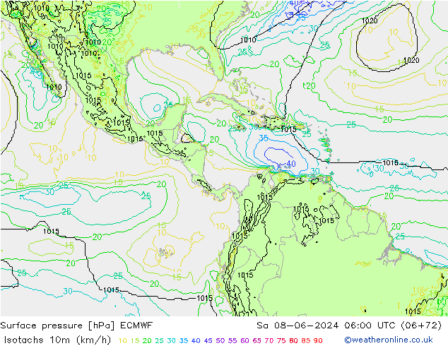 Isotachs (kph) ECMWF Sa 08.06.2024 06 UTC