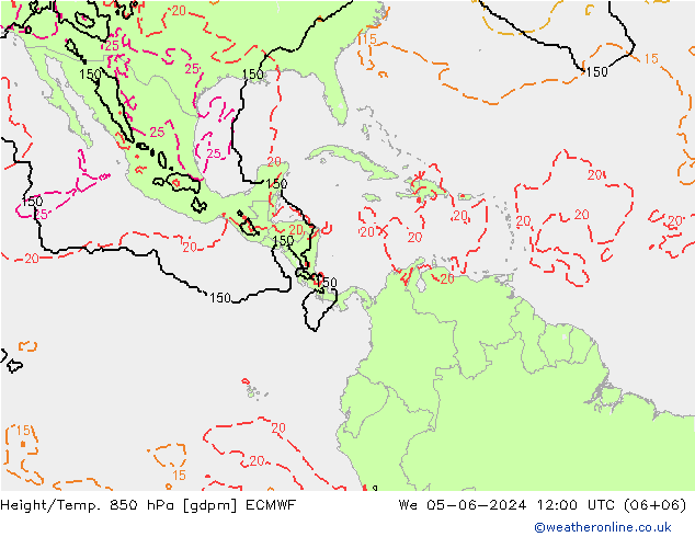 Geop./Temp. 850 hPa ECMWF mié 05.06.2024 12 UTC