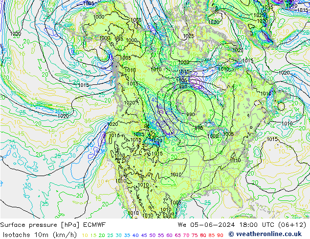 Isotachen (km/h) ECMWF Mi 05.06.2024 18 UTC