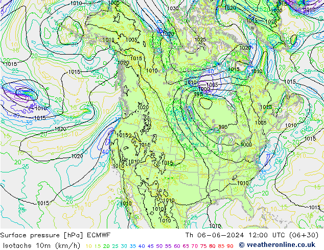 Isotachs (kph) ECMWF Qui 06.06.2024 12 UTC