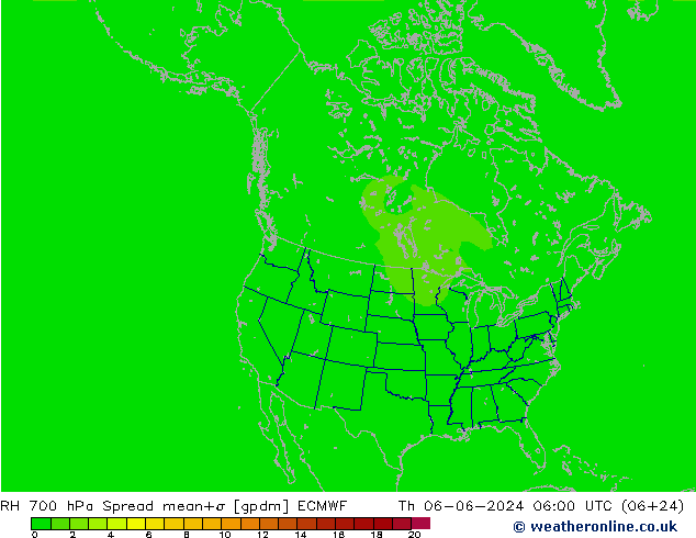 RH 700 hPa Spread ECMWF Čt 06.06.2024 06 UTC