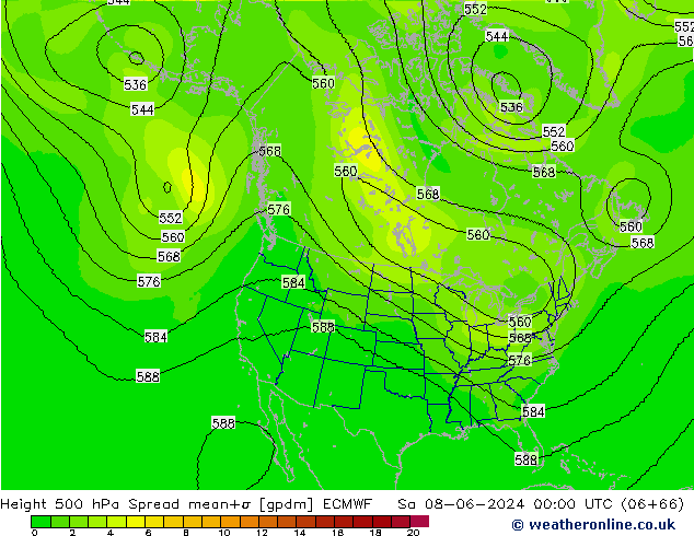 Hoogte 500 hPa Spread ECMWF za 08.06.2024 00 UTC