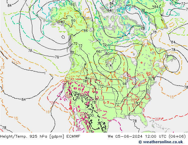 Height/Temp. 925 hPa ECMWF mer 05.06.2024 12 UTC