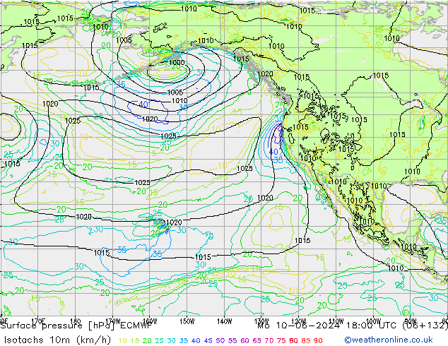 Isotachs (kph) ECMWF пн 10.06.2024 18 UTC