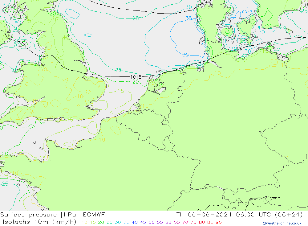 Isotaca (kph) ECMWF jue 06.06.2024 06 UTC