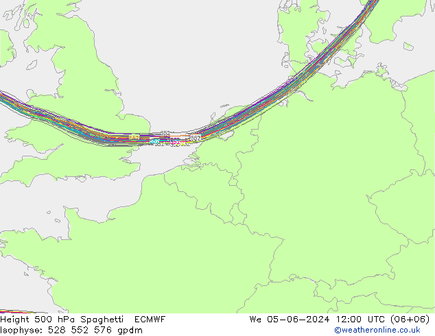 Height 500 hPa Spaghetti ECMWF Qua 05.06.2024 12 UTC