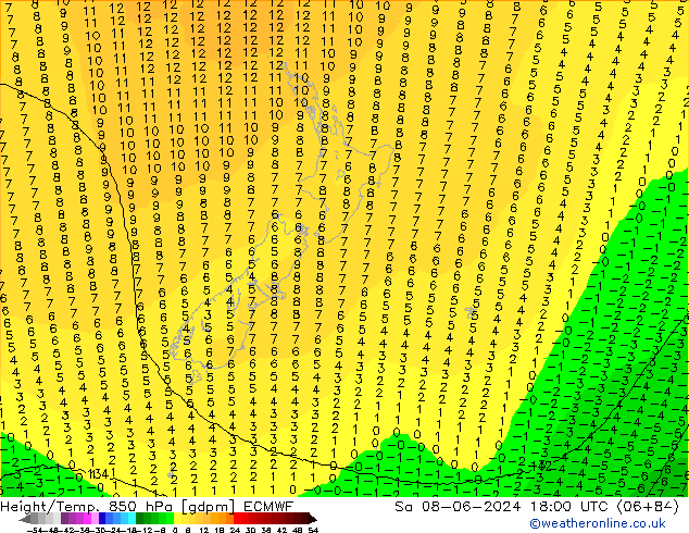 Height/Temp. 850 hPa ECMWF Sa 08.06.2024 18 UTC