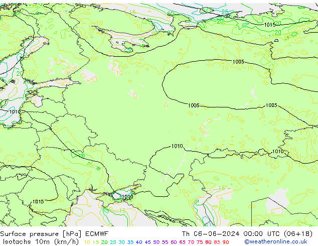 Isotachs (kph) ECMWF чт 06.06.2024 00 UTC