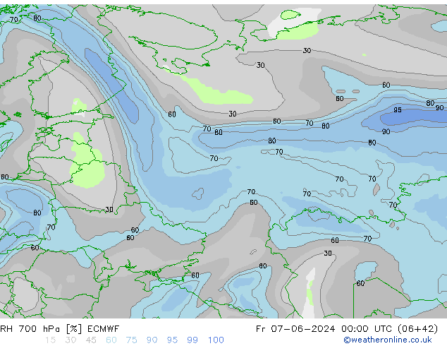 RH 700 гПа ECMWF пт 07.06.2024 00 UTC