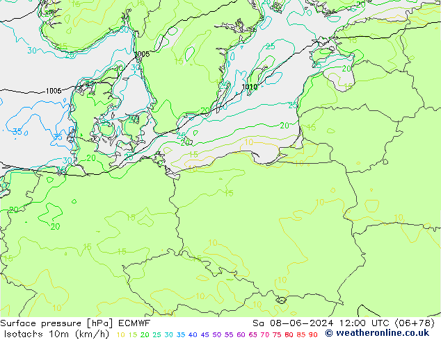 Isotachs (kph) ECMWF Sa 08.06.2024 12 UTC