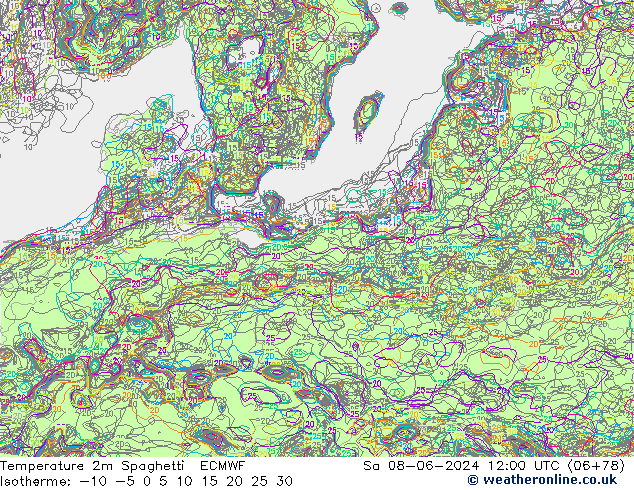 Temperature 2m Spaghetti ECMWF Sa 08.06.2024 12 UTC