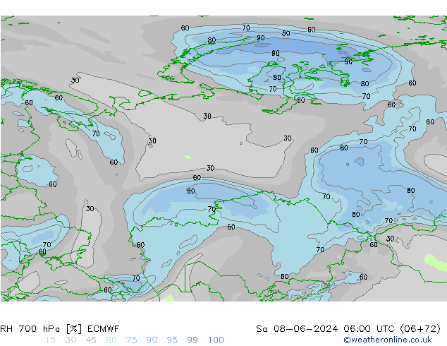 RH 700 hPa ECMWF so. 08.06.2024 06 UTC