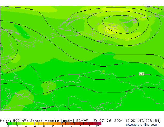 500 hPa Yüksekliği Spread ECMWF Cu 07.06.2024 12 UTC