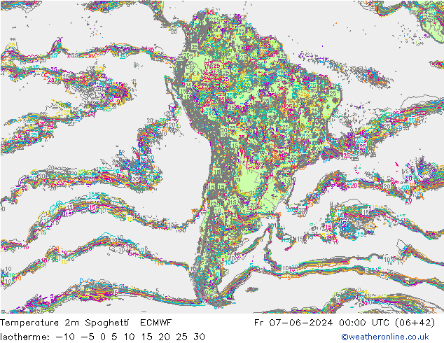 Temperature 2m Spaghetti ECMWF Fr 07.06.2024 00 UTC