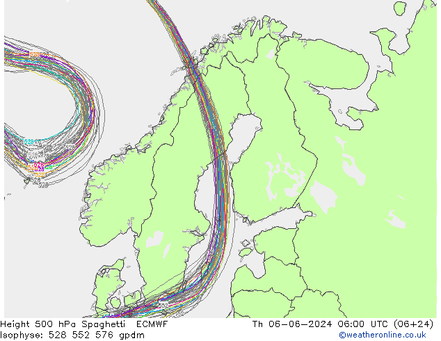 Height 500 hPa Spaghetti ECMWF Do 06.06.2024 06 UTC