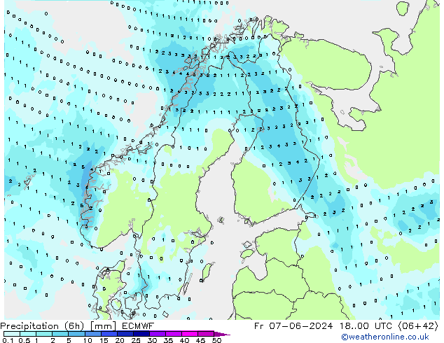 Precipitation (6h) ECMWF Pá 07.06.2024 00 UTC