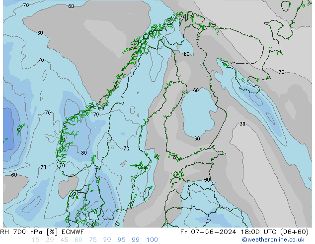 Humedad rel. 700hPa ECMWF vie 07.06.2024 18 UTC