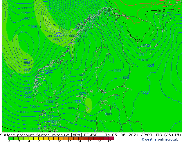 Atmosférický tlak Spread ECMWF Čt 06.06.2024 00 UTC