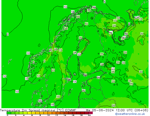 Temperatura 2m Spread ECMWF Qua 05.06.2024 12 UTC