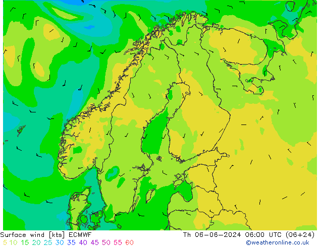 ветер 10 m ECMWF чт 06.06.2024 06 UTC