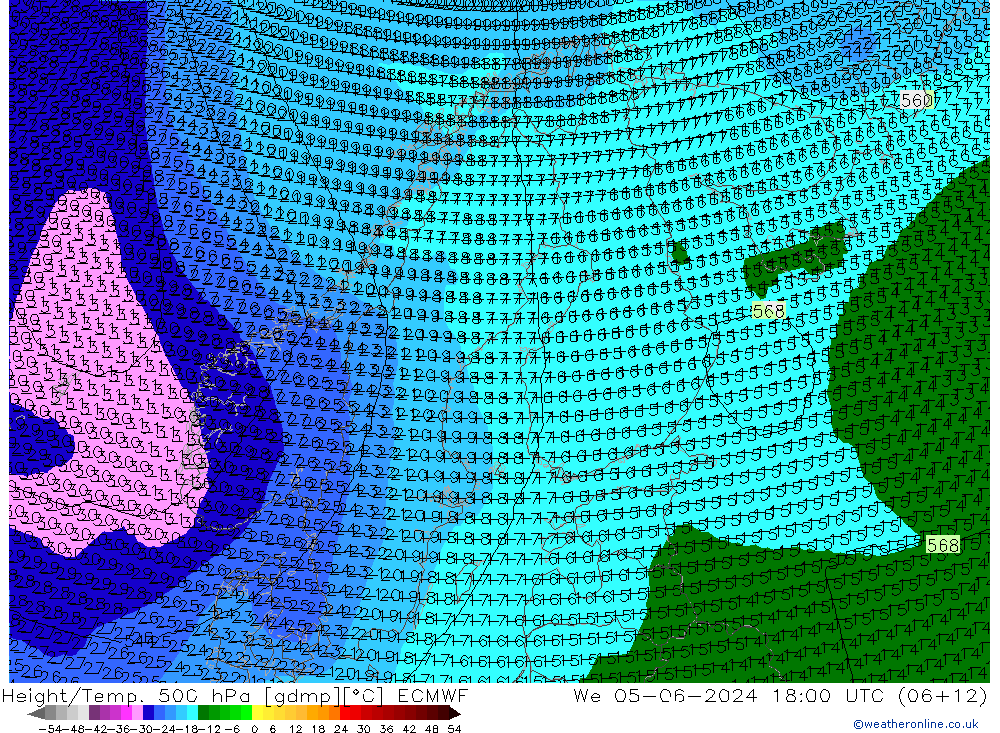 Height/Temp. 500 hPa ECMWF śro. 05.06.2024 18 UTC