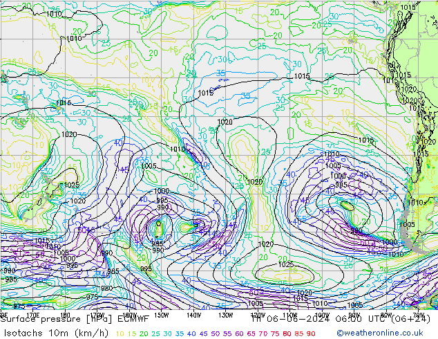 Isotachs (kph) ECMWF  06.06.2024 06 UTC