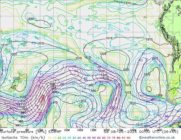 Isotachen (km/h) ECMWF Sa 08.06.2024 00 UTC