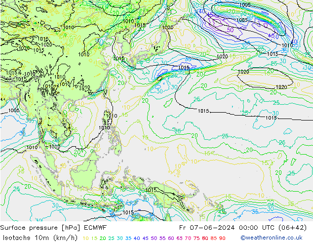 Isotachs (kph) ECMWF Pá 07.06.2024 00 UTC