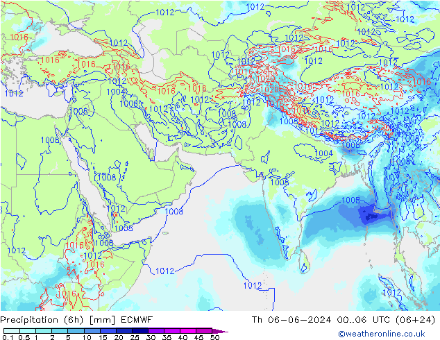 Totale neerslag (6h) ECMWF do 06.06.2024 06 UTC