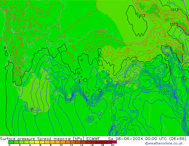 Surface pressure Spread ECMWF Sa 08.06.2024 00 UTC