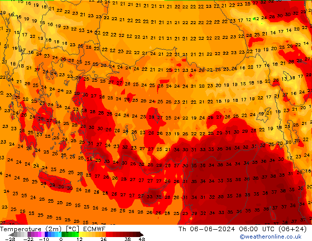 Temperatura (2m) ECMWF gio 06.06.2024 06 UTC