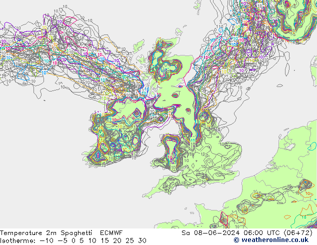 Temperature 2m Spaghetti ECMWF Sa 08.06.2024 06 UTC