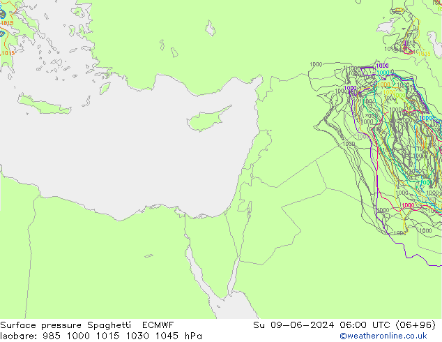 Presión superficial Spaghetti ECMWF dom 09.06.2024 06 UTC