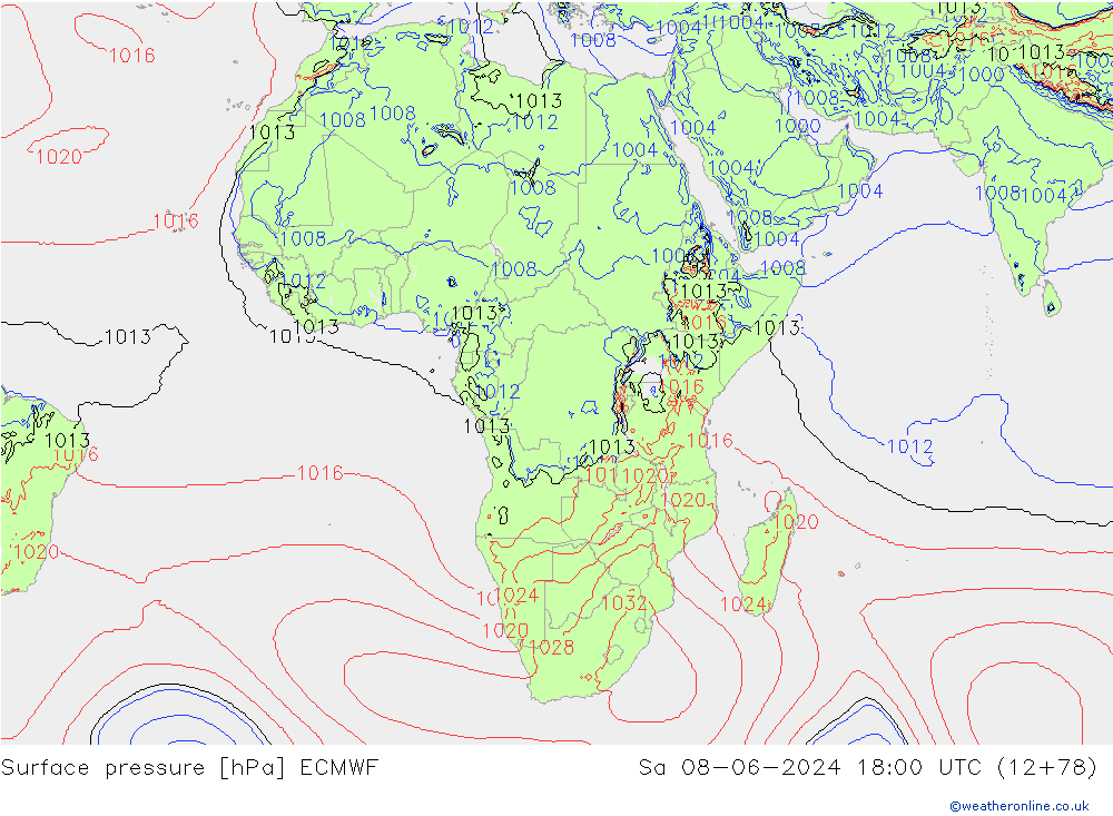 Surface pressure ECMWF Sa 08.06.2024 18 UTC