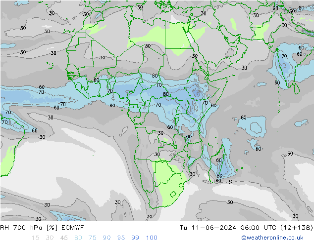 RH 700 hPa ECMWF wto. 11.06.2024 06 UTC